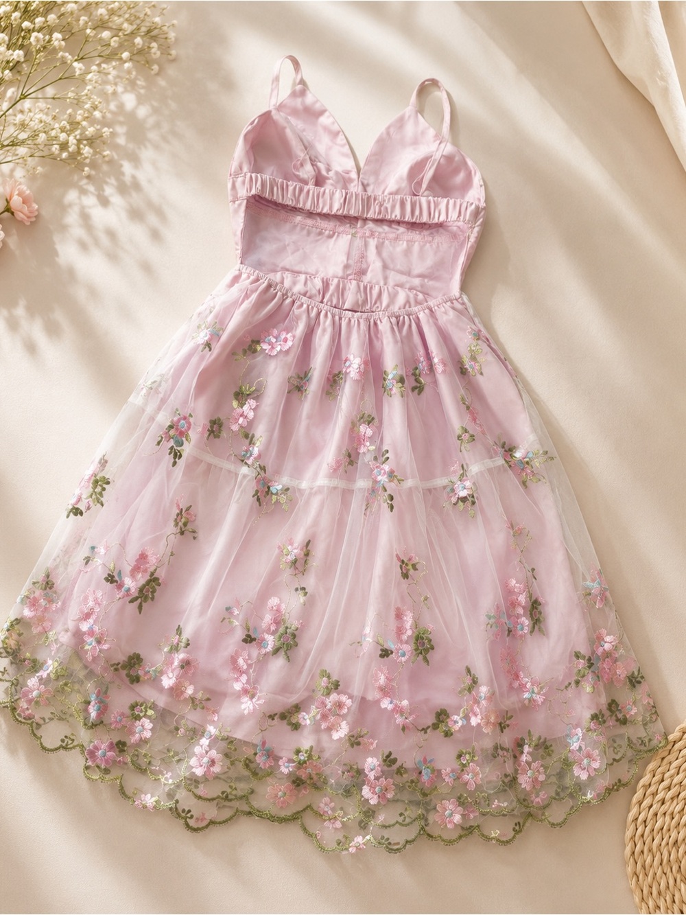 Pink Floral Embroidered Tulle Dress
